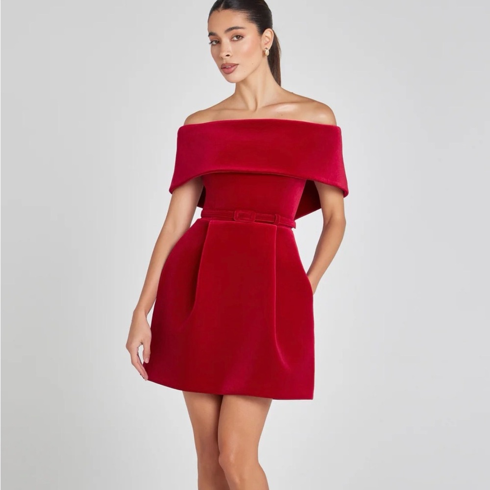 NADINE MERABI Off-Shoulder Red Mini Dress